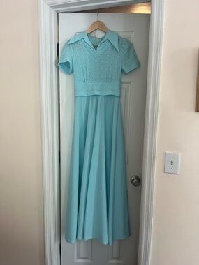 Vintage Aqua Knit Bodice Dress with Pointed Collar 70s